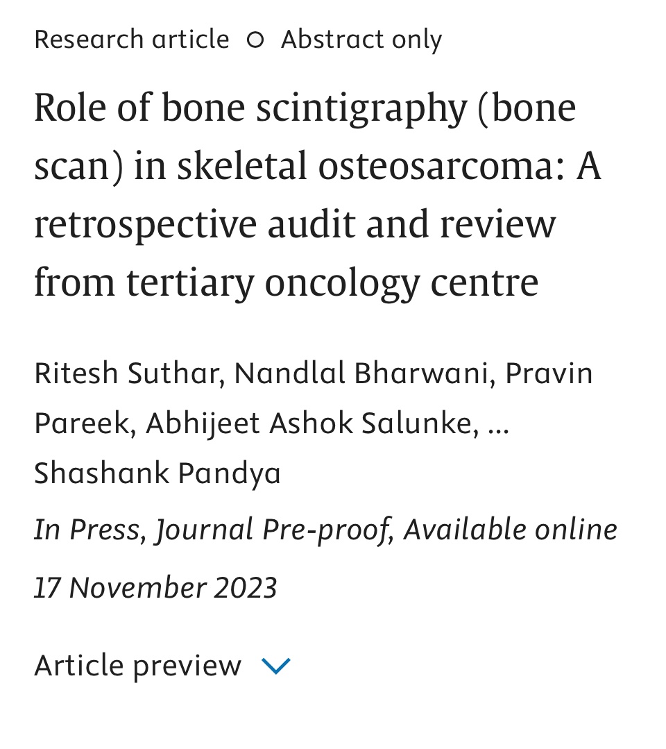 Dr Abhijeet Ashok Salunke (@bonestumor) on Twitter photo Role of bone scintigraphy (bone scan) in skeletal osteosarcoma: A retrospective audit and review from tertiary oncology centre
sciencedirect.com/science/articl…
#surgery #orthopedics #bonescan #osteosarcoma
#sarcoma#gcri #ahmedabad
#india
<a href="/angryoldman27/">Dr Shivam 'da'</a> <a href="/kevaluroonco/">dr keval patel</a> <a href="/DrPriyankRatho1/">Dr. Priyank Rathod</a> Role of bone scintigraphy (bone scan) in skeletal osteosarcoma: A retrospective audit and review from tertiary oncology centre
sciencedirect.com/science/articl…
#surgery #orthopedics #bonescan #osteosarcoma
#sarcoma#gcri #ahmedabad
#india
<a href="/angryoldman27/">Dr Shivam 'da'</a> <a href="/kevaluroonco/">dr keval patel</a> <a href="/DrPriyankRatho1/">Dr. Priyank Rathod</a>