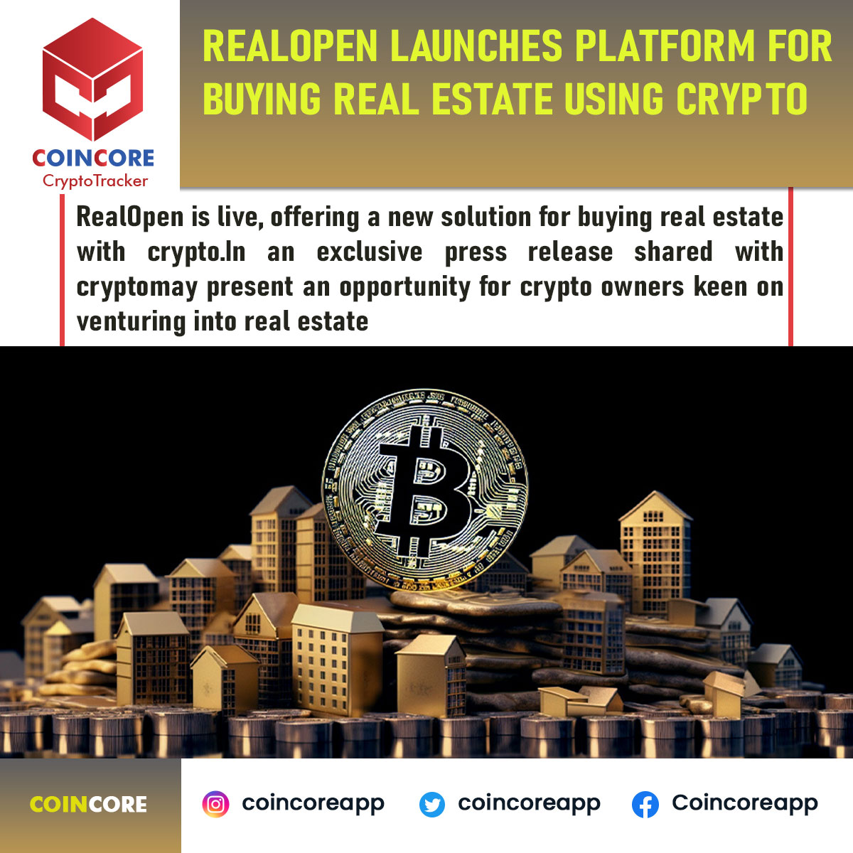 Coincoreapp's tweet photo. The project’s creators said the platform solves major problems for crypto owners looking to buy a home—sidestepping public exchange fees and withdrawal limits..
#coincore #nft #realestate #crypto #exchange #realopen #withdraw #cryptocurrency https://t.co/wvIljyhPFM