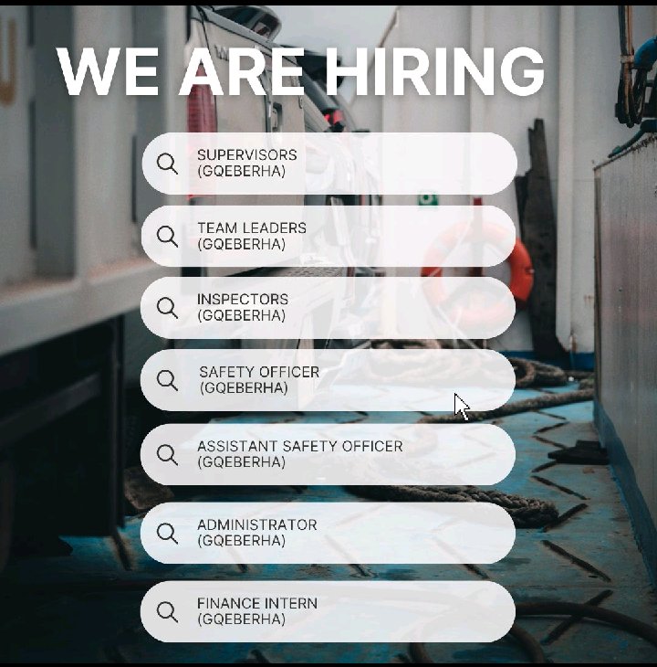 We are hiring!

📌 Driver Code 8,10, 14
📌 Finance Intern
📌 Administrator 
📌 Assistant Safety Officer 
📌 Inspectors 
📌 Safety Officer
📌 Supervisors 
📌 Team Leader

Closing Date : 21 November 2023
Submit applications to recruitment@sacargoservices.co.za