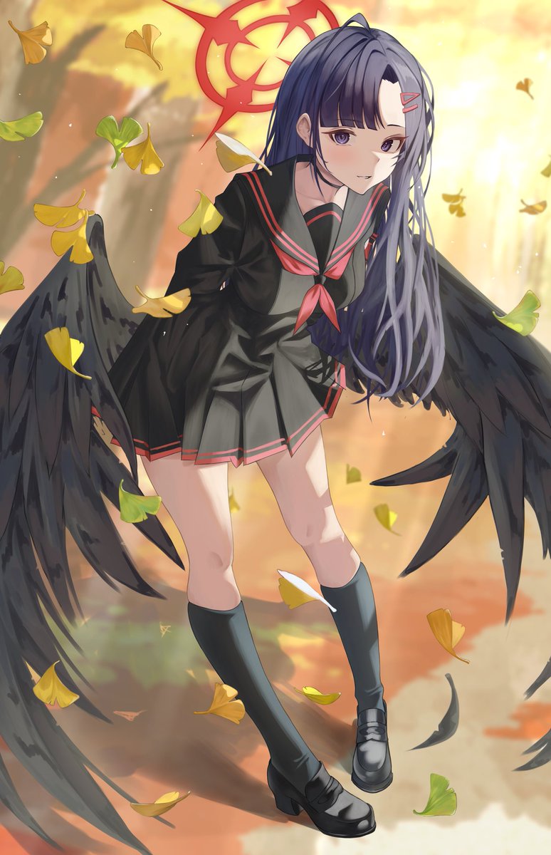 ichika (blue archive) 1girl wings school uniform solo skirt halo black wings  illustration images