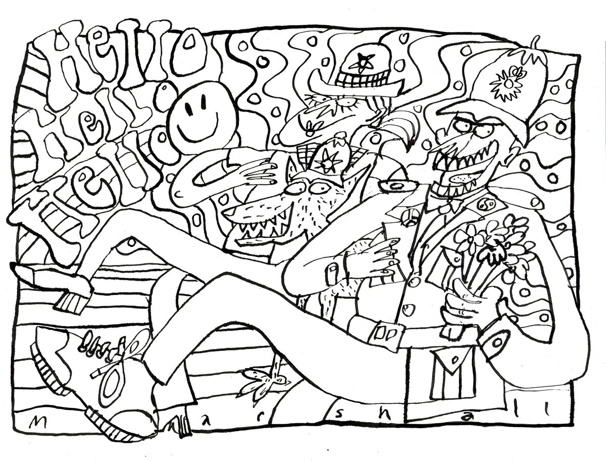 My psychedelic beat bobbies for the wonderful 'Great British Colouring Book' which is being distributed to migrant children. I was asked to tone it down so I replaced the tazer & CS gas with a bunch of flowers. Read about the @procartoonists project here: procartoonists.org/the-great-brit…