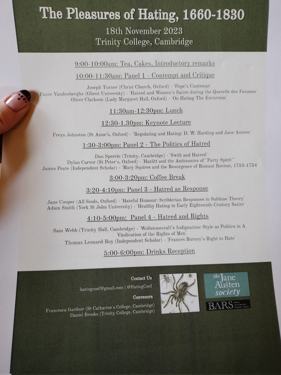 DrPastonsRUs's tweet photo. Delighted to be @HatingConf this morning (sponsored by @BARS_official). It promises to be an extremely lively event full of fine speakers, interesting papers and not a few bitchy comments from 18th century writers! https://t.co/vrYT2x3WXm