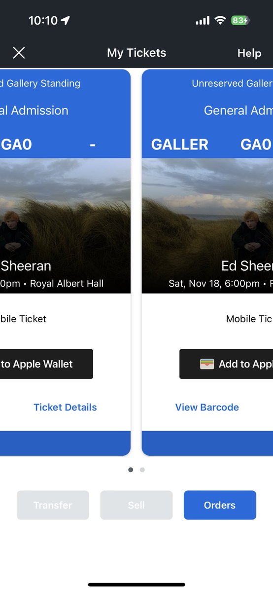 Legit, 2 standing tickets for Ed Sheeran tonight at Royal Albert hall. Happy to see them go for face value. If you know anyone let me know!!

It’ll have to be Apple wallet screenshot since ticketmaster won’t let me transfer!

Not one do the seemingly bloody endless scam accounts