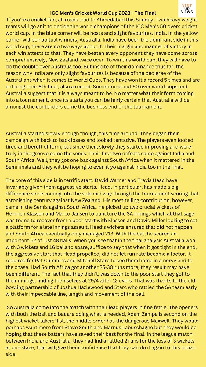 VenturViews's tweet photo. If you’re a cricket fan, all roads lead to Ahmedabad this Sunday. Two heavyweight teams will go at it to decide the world champions of the ICC Men’s 50 overs cricket world cup. IND vs AUS Read Here: https://t.co/FccCTPs8I0
#ICCCricketWorldCup #WorldcupFinal #RohitSharma𓃵 #ICC https://t.co/gUJ8wmcWo8