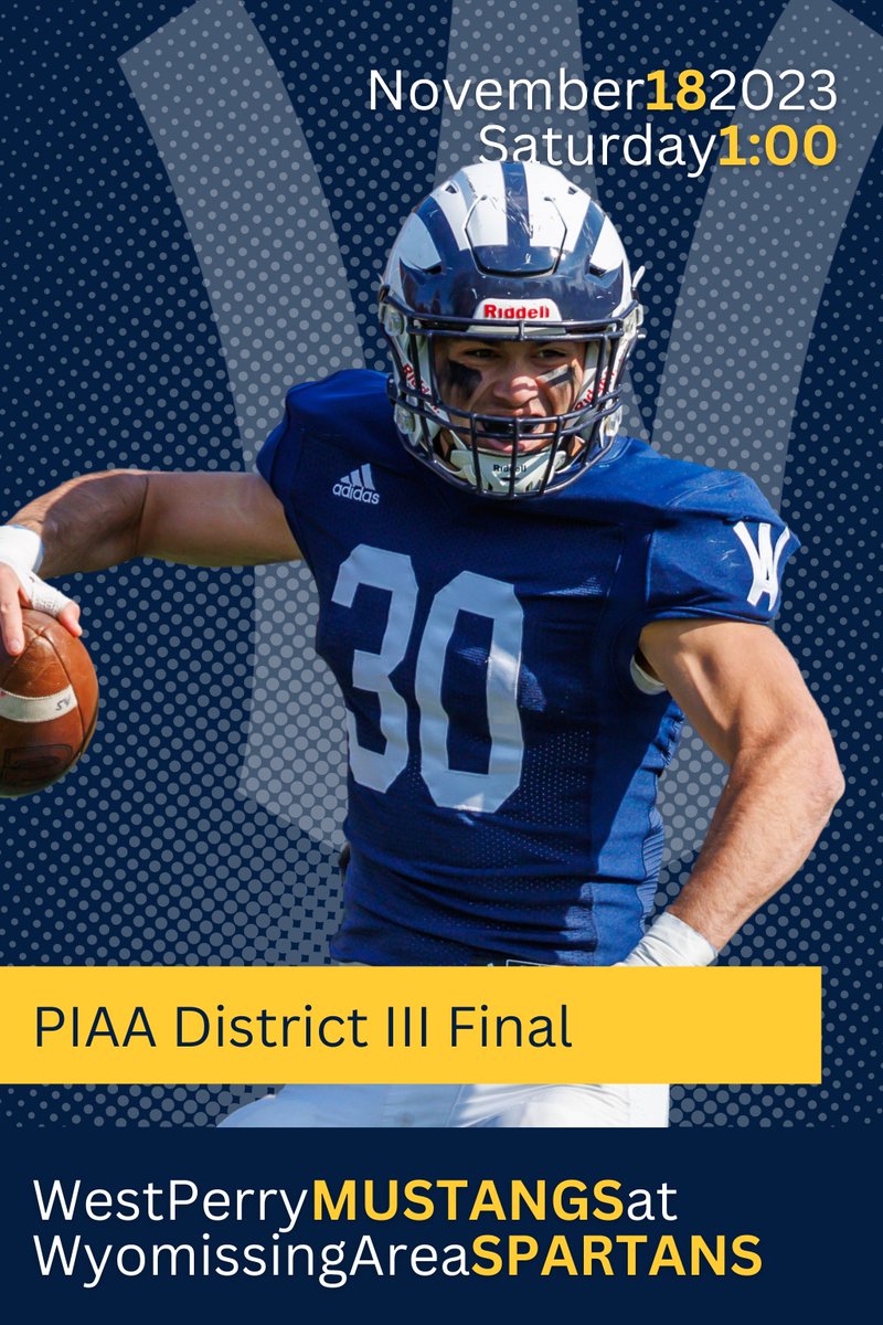 Wyomissing Spartans Football (@wyofootball) on Twitter photo Rise and shine, campers! Game day! The Spartans host the Mustangs in a rematch for the PIAA District 3 Class 3A Championship! NO TICKET SALES AT THE GATE! Buy tickets online: piaad3.hometownticketing.com/embed/event/42âŚ
OR join the WFA now and catch all the action live online. wyofootball.com/join2023 Rise and shine, campers! Game day! The Spartans host the Mustangs in a rematch for the PIAA District 3 Class 3A Championship! NO TICKET SALES AT THE GATE! Buy tickets online: piaad3.hometownticketing.com/embed/event/42âŚ
OR join the WFA now and catch all the action live online. wyofootball.com/join2023