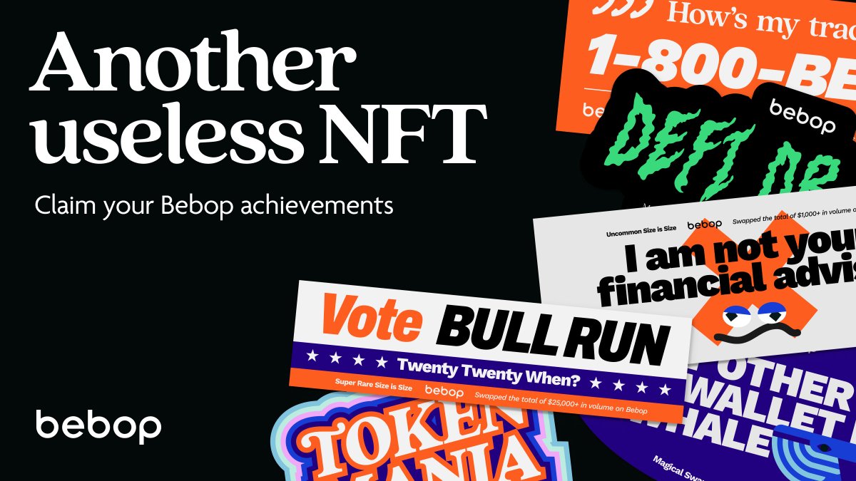 bebop_dex's tweet photo. Those are a bunch of useless NFTs, one could say. But nothing is useless if you are having fun as you go. 😉

We are excited to introduce our revamped collection of Bebop Achievements! https://t.co/DRe3Npru57