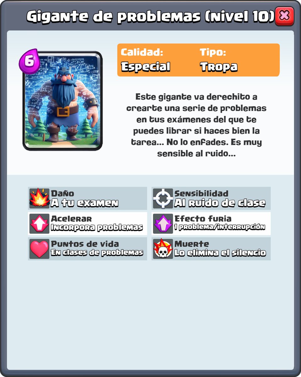 ¡Nuevos personajes en la arena!
Explicaciones de las cartas:
😡 Gigante de problemas: Añade problemas por interrupción.
🧝🏻‍♀️Lanzapistas: Te da una pista en el examen.
#ClashRoyale #MathsRoyale #MatemáticasConClashRoyale