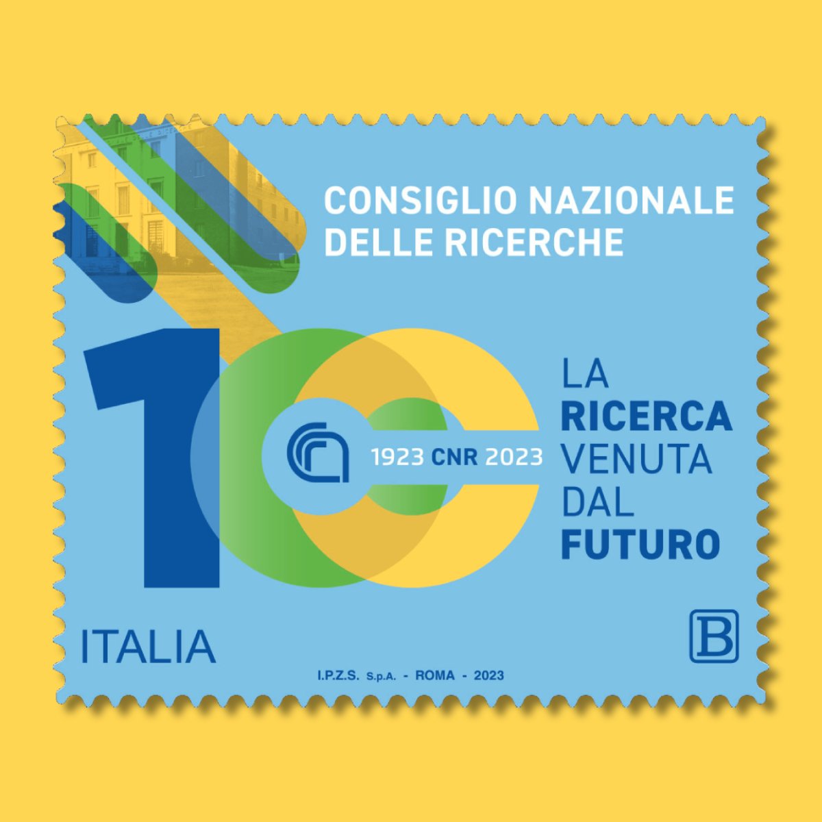PosteItaliane's tweet photo. #Filatelia #francobollo dedicato al Consiglio Nazionale delle Ricerche, nel 100° anniversario dell’istituzione. Nell’immagine, il logo del centenario e un particolare del palazzo di #Roma in piazzale Aldo Moro, sede centrale del @CNRsocial_
@mimit_gov @IPZS https://t.co/lkg0THhyxb