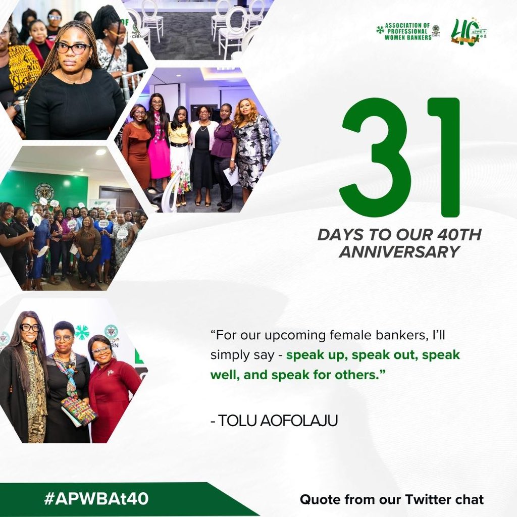 apwbnigeria's tweet photo. An inspiring quote from one of our mind shifting sessions.
31 days to APWB's 40th anniversary!
Join us in counting down to our 40th anniversary extravaganza! Celebrate four incredible decades of making a difference with us. 🥳🌟
#APWB #APWBNigeria #Countdown #APWBAt40 https://t.co/hH07QCxyqy