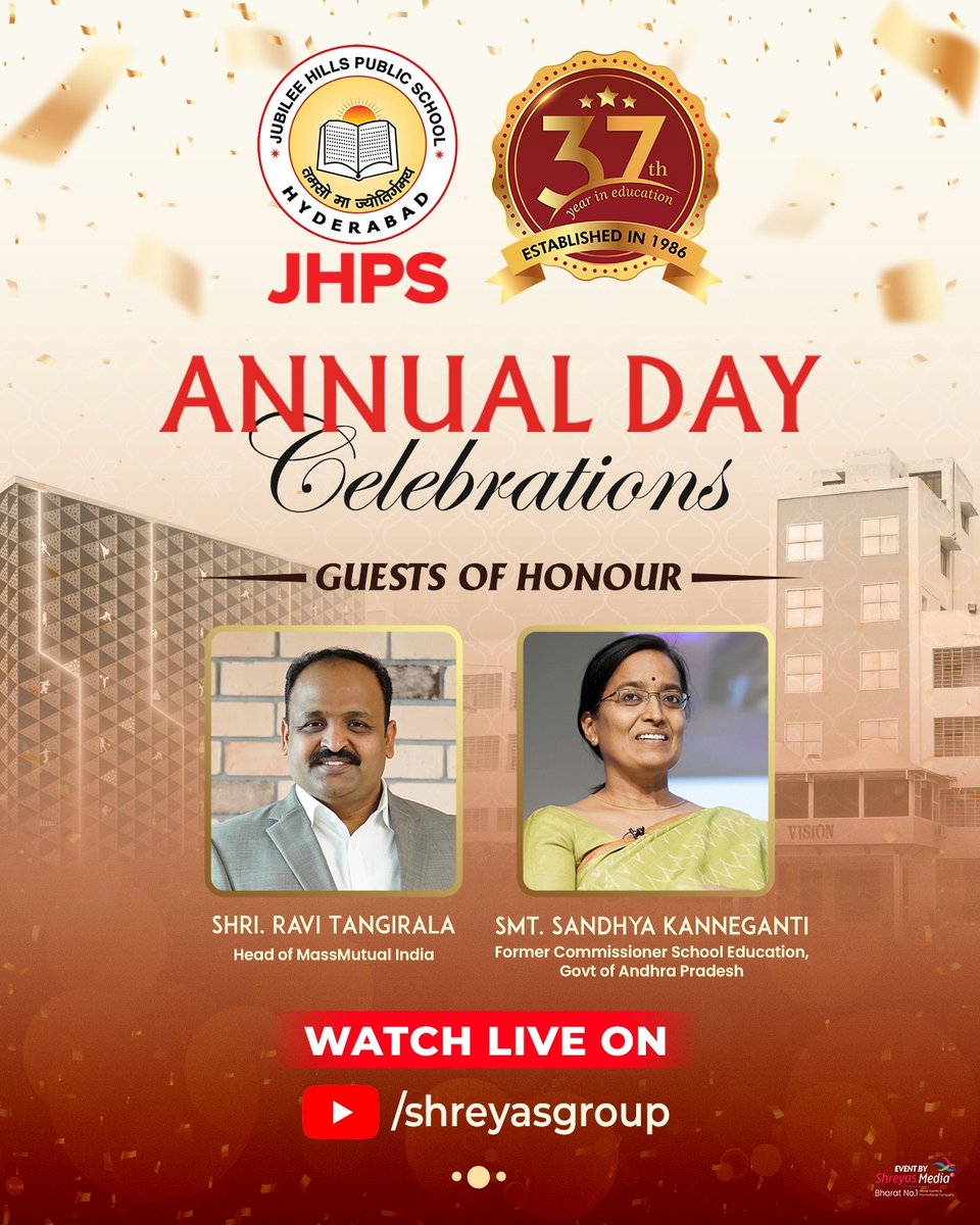 shreyasgroup's tweet photo. The #JubileeHillsPublicSchool 's Grand Annual Day Celebrations are just a few moments away🤩💥
Watch Live On: ▶️ https://t.co/HksiscRb9d
Join us for a celebration like no other! 🎉
@JHPS_SCHOOL @shreyasgroup #JHPS #JPHSAnnualDayCelebrations #AnnualDayCelebrations #AnnualDay https://t.co/xfE12lJ8wk