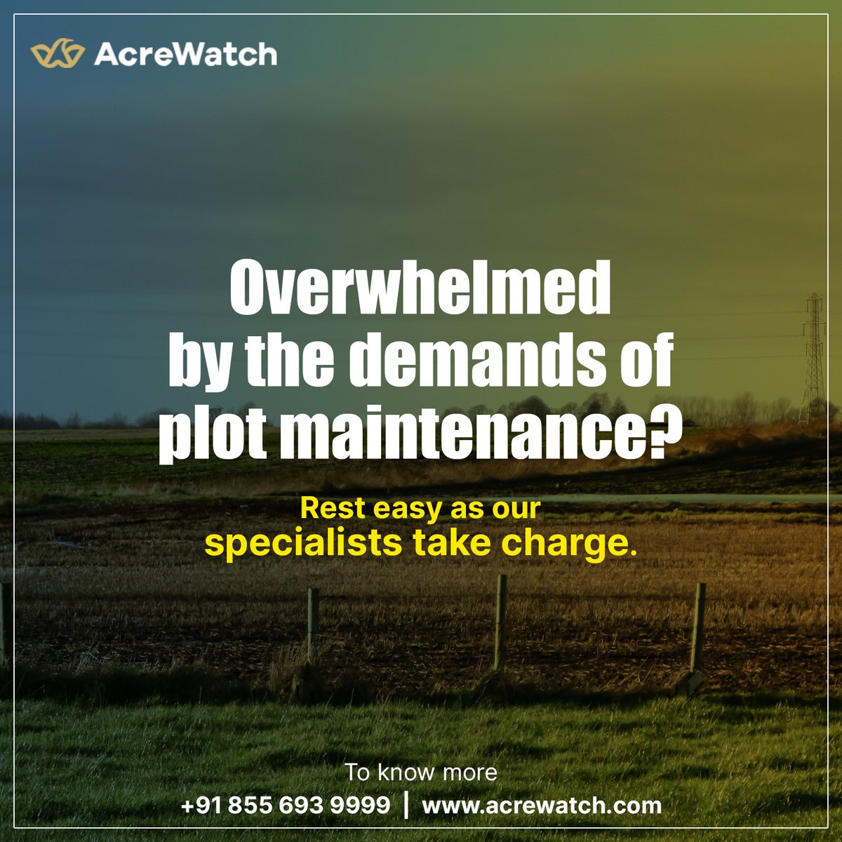 WatchAcre's tweet image. Relinquish the stress of plot management as our specialists expertly navigate the complexities of your story.

👨🏽‍💻 Visit acrewatch.com
📞 Call +91 8556939999

#acrewatch #plotmonitoring #plotmanagement #plotmaintenance #nri #nrilands #india #telangana #andhrapradesh