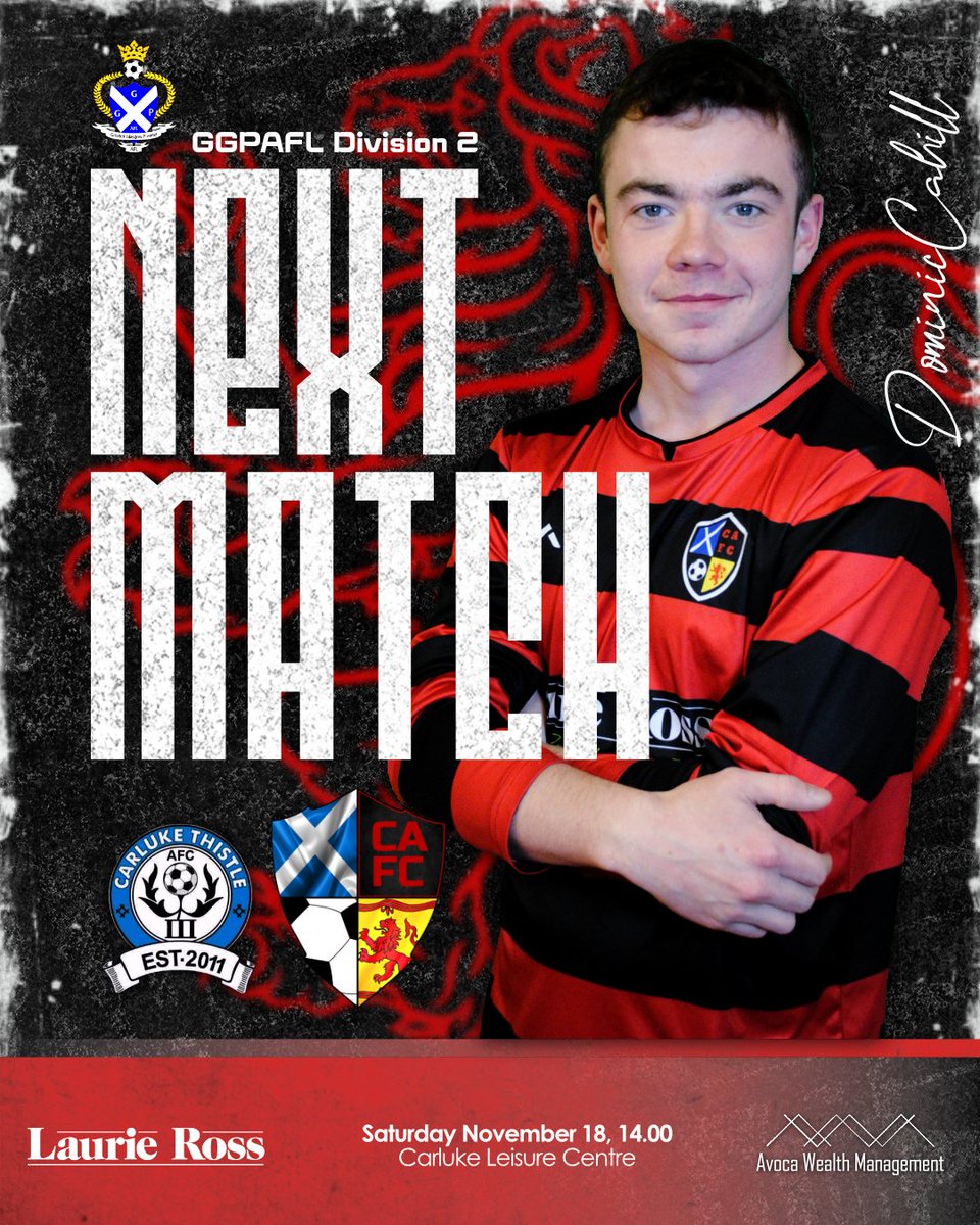 CondorratAFC's tweet photo. 🔴𝕄𝔸𝕋ℂℍ𝔻𝔸𝕐⚫️

🆚 @CarlukeThistle1 
🏟️ Carluke Leisure Centre, ML8 4EA

📅 Saturday 18 November
⏰ 1400KO

🏆 @GGPAFL Division 2

🤝 @LaurieRossIns 
🤝 @drewmassey80 
🤝 @ClubCondorrat 
🤝 Kirkie Drycleaners Ltd
🤝 Ken Wok
🤝 McAfee Solicitors

@scottish_aff  @AmmiesFitba @GrassrootSocial