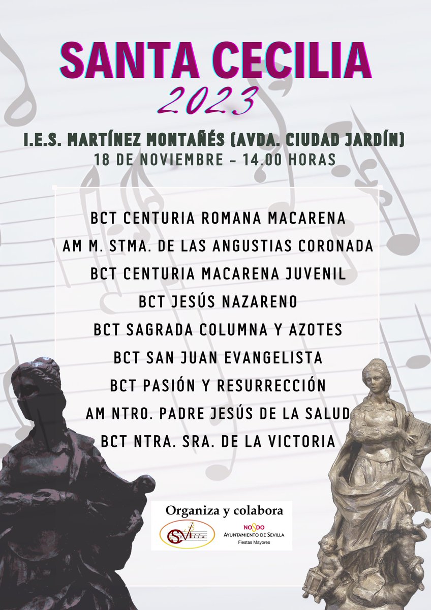 #radiotubecofrade
📣 Hoy se celebra el primer día de conciertos de #SantaCecilia23 organizados por el Consejo de Bandas.
🔵 Arrancará a partir de las 14:00 y participarán un total de 9 bandas.
#SonesMacarenos #LosGitanosSM #SuenaColumnayAzotes #SJETriana #SuenaCigarreras #Sevilla