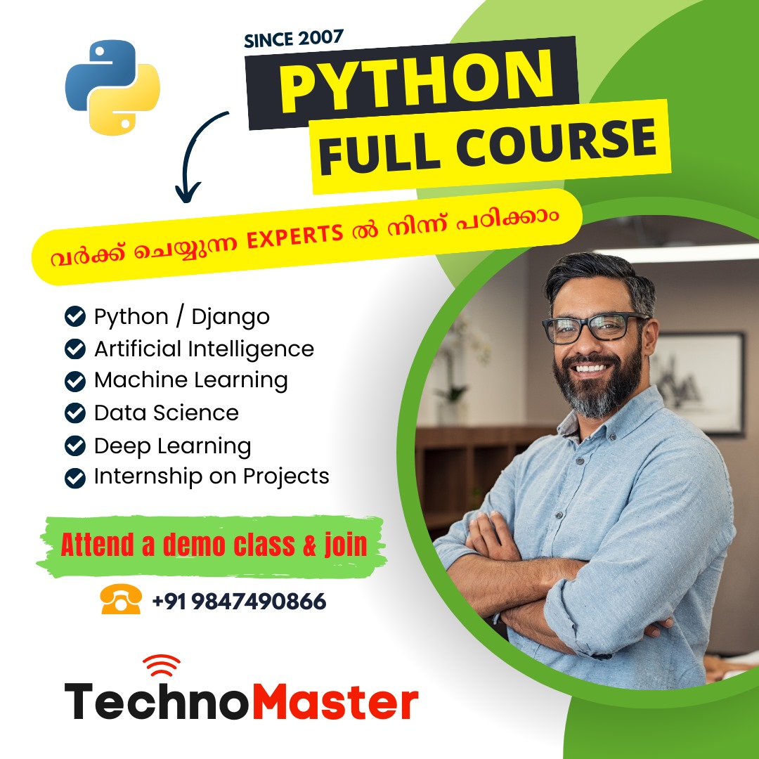 TechnoMaster_in's tweet image. #1 Python Courses Training / Internship
Since 2007, TechnoMaster (a division of Nestsoft Technologies, Infopark) has been providing Mobile Apps Development Training / Internship by industry experts on real time projects. #pythoncourses #onlinepythoncourses #artificialintelligence