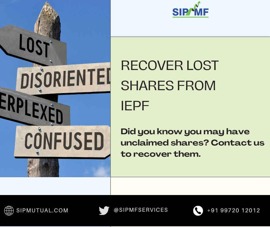 SIP_MF_LLP's tweet photo. Lost shares? Don't worry, we've got your back! SIP MF SERVICES LLP offers expert assistance in retrieving your lost shares from IEPF. Trust us to help you regain what's rightfully yours. 💼💼 #RegainYourShares #SIPMFServices #sharemarket #Investment #financialplanning #IEPF https://t.co/lAAocw3hEd