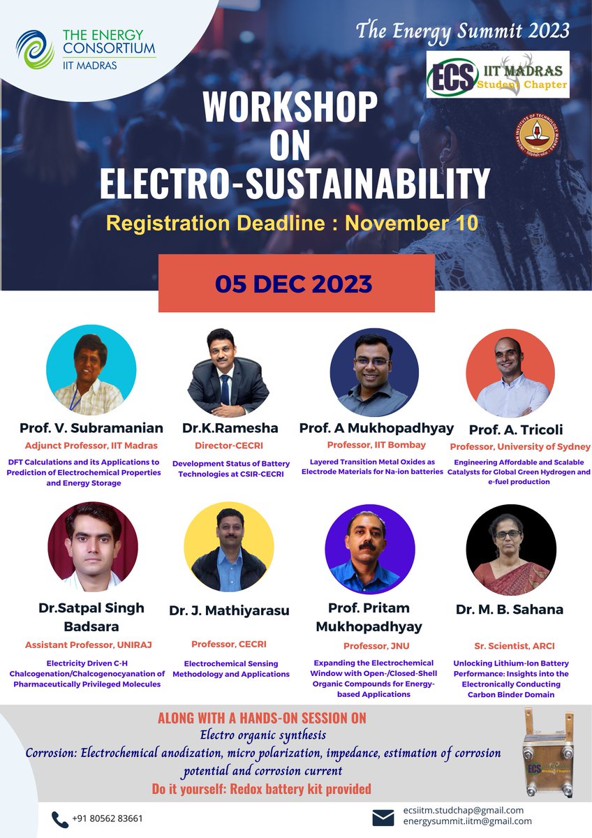 ecsiitmstudchap's tweet image. We welcome you all aboard for this new workshop on electro-sustainability for batteries on 5-8th December 2023. Kindly go through the poster for more details. Last date of registration-25 Nov,2023.
#iit #madras #chennai #battery #synthesis #workshop