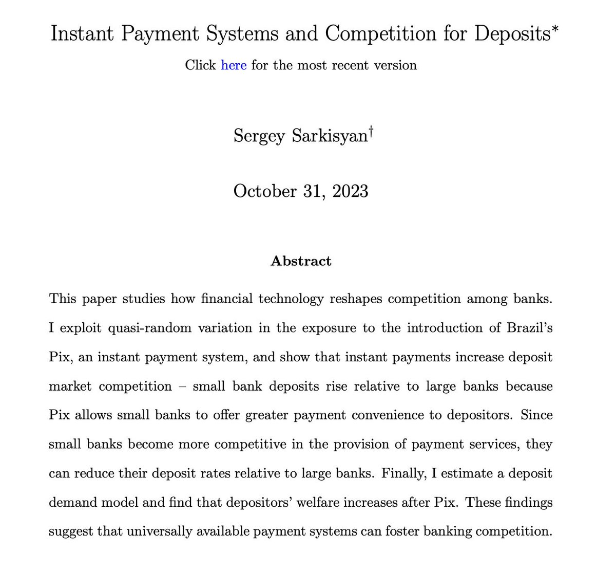 ‼️ JOB MARKET PAPER ALERT ‼️

I show that payment technology can have a positive effect on banking competition. More specifically, instant payment systems reduce deposit market concentration by increasing payment and transfer convenience of small banks. papers.ssrn.com/sol3/papers.cf…