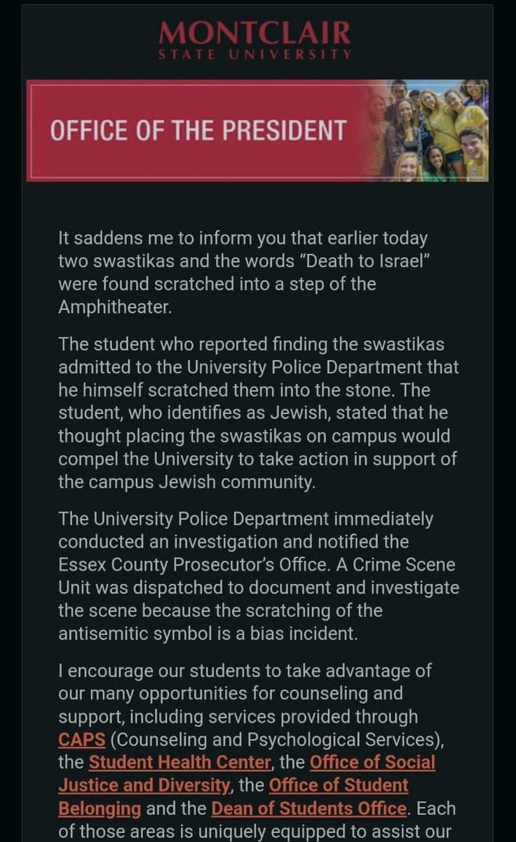 abulmaali_'s tweet photo. A Zionist-Jewish student at Montclair State University drew Swastikas &amp; wrote ‘death to Israel’ on campus to try and compel more people to support Israel. 

He faked a hate crime to gain sympathy. This is from the Zionist playbook, and we’ve seen over and over again. https://t.co/kjKJrr0stq
