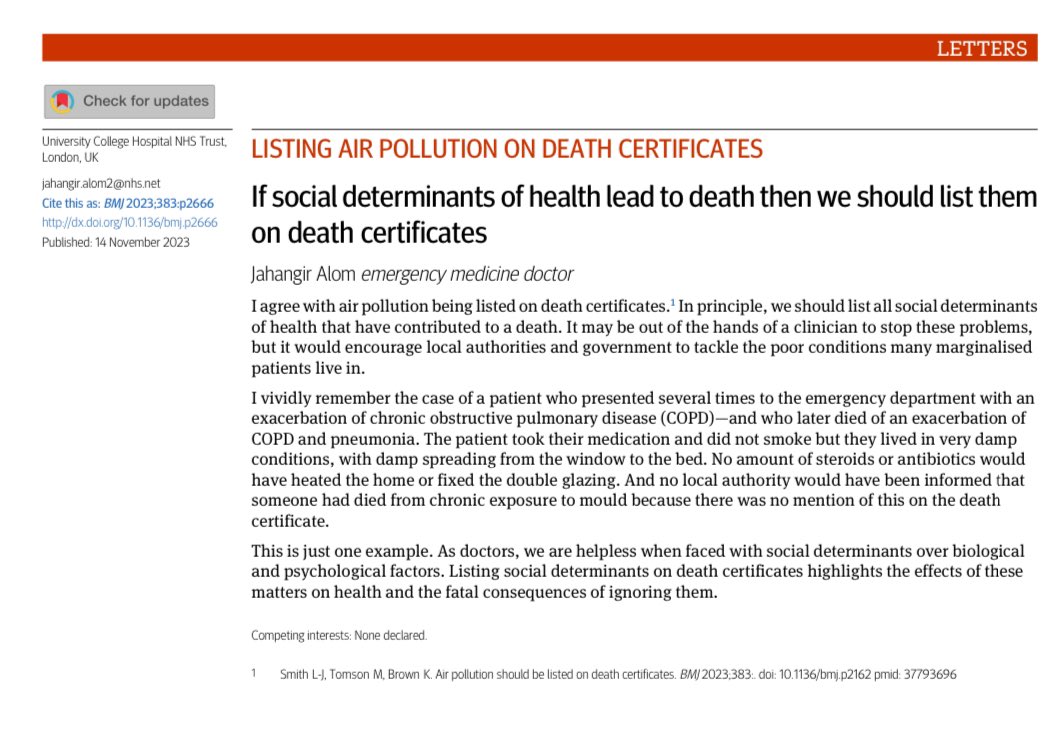 Does the local authority know if a tenant dies from chronic exposure to mould from poor social housing? Is that data even collected? Who is held accountable? If social determinants of health lead to death then we should list them on death certificates. bmj.com/content/383/bm…