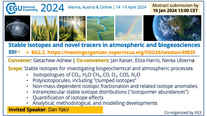 Calling all isotope enthusiasts!! Join us at #EGU24 session BG2.2 “Stable isotopes and novel tracers in atmospheric and biogeosciences” ⚛🌱🌲🌎 Invited speaker Dan Yakir will talk about CO as a tracer for physiological stress. #biogeosciences #plantphys #isotopes @EGU @dan_yakir