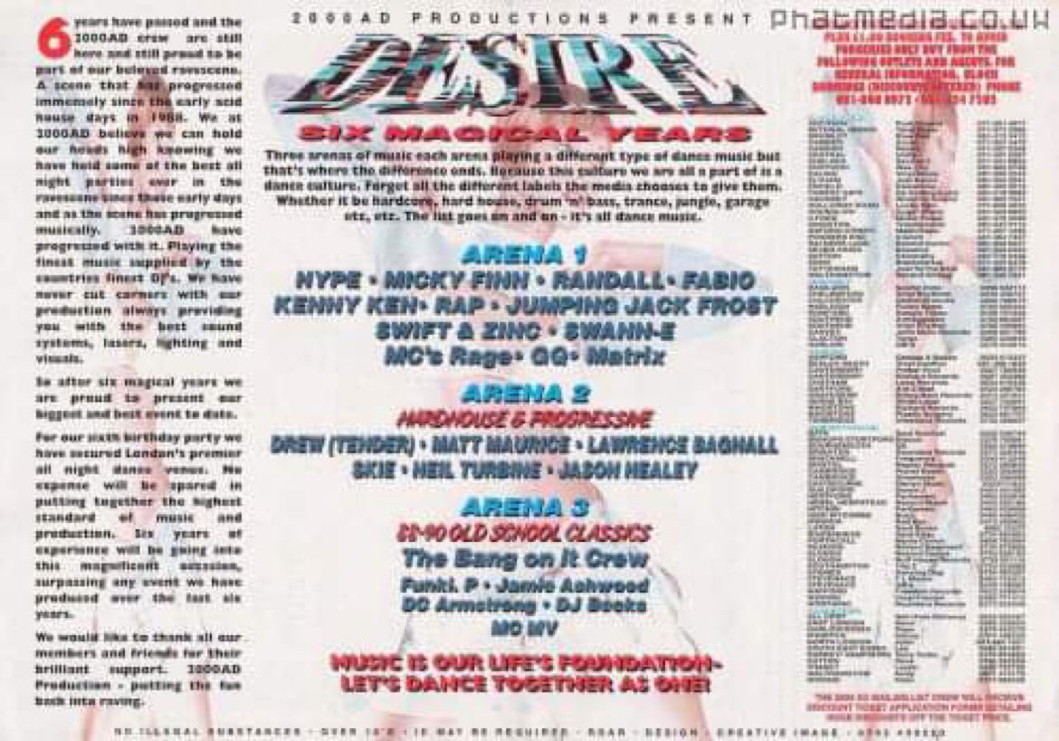 18th November 1994
Desire 'The Sixth Birthday Bash’
Bagleys Warehouse, York Way,
Kings Cross, London, N1