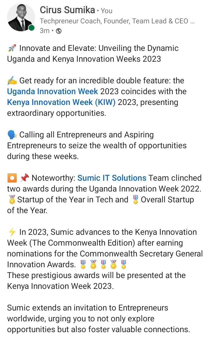 MrSumic's tweet image. 📌 Starting This Week: Noteworthy Opportunities:

🗓️  22nd November - 1st December 2023

⏺️ @uiw_official (Uganda Innovation Week 2023)

⏺️ @KenyaInnovWeek (Kenya Innovation Week) ~ Commonwealth Edition

Karibu 🤝
#UIW2023 
#KIW2023CommonwealthEdition