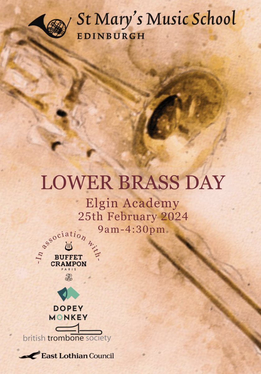 stmarys_music's tweet photo. Delighted to announce the line up for our two #free to attend, Lower Brass Days, the first in #Edinburgh on the 24th February 2024, the second in #Elgin on the 25th. Pupils and teachers are welcome to join us as participants or as observers. https://t.co/LZggXsHehc for details https://t.co/5oamb2ZbEX