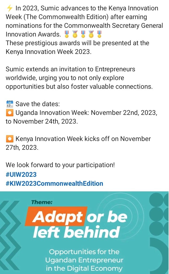 MrSumic's tweet image. 📌 Starting This Week: Noteworthy Opportunities:

🗓️  22nd November - 1st December 2023

⏺️ @uiw_official (Uganda Innovation Week 2023)

⏺️ @KenyaInnovWeek (Kenya Innovation Week) ~ Commonwealth Edition

Karibu 🤝
#UIW2023 
#KIW2023CommonwealthEdition