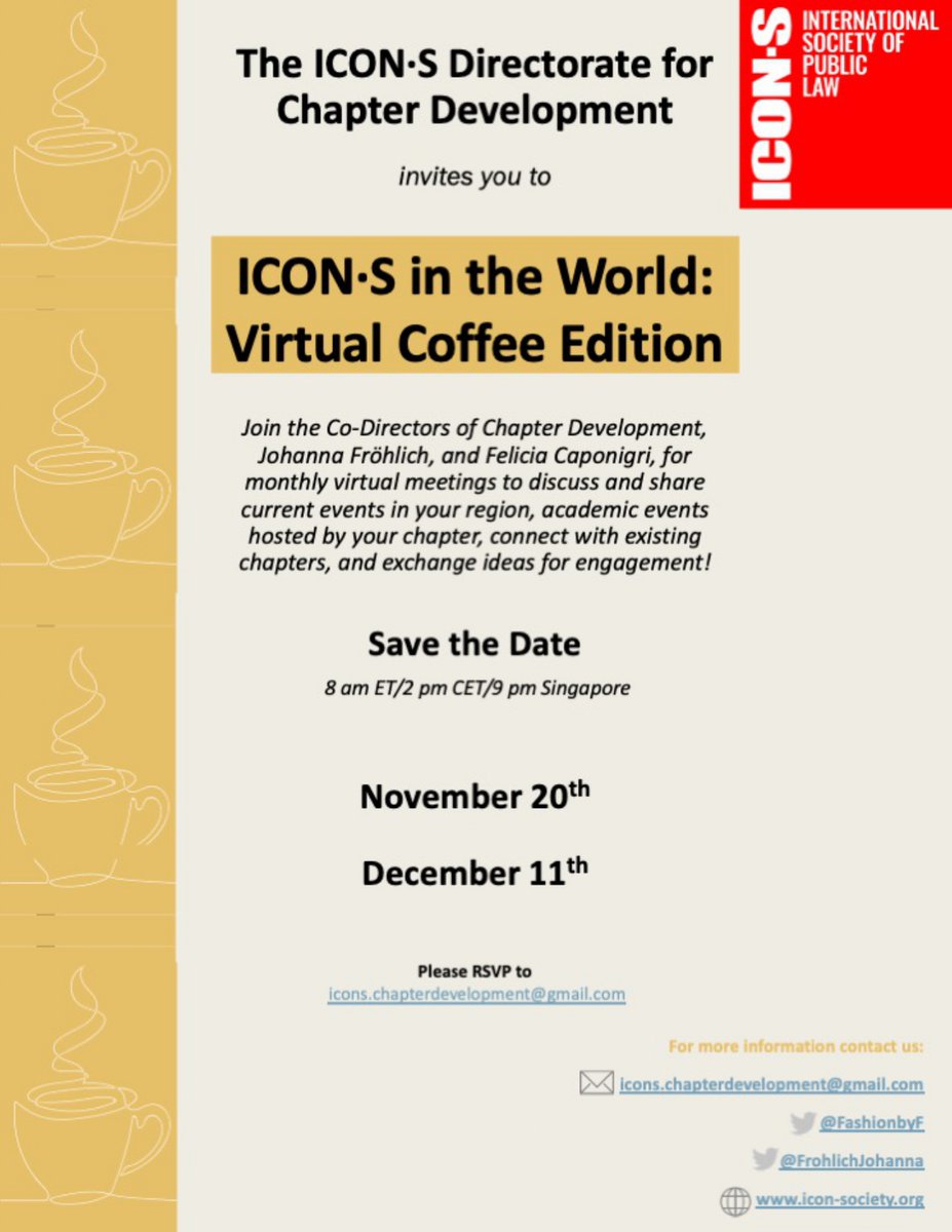 Curious to know what academic events are hosted by ICON•S in your region? Willing to connect with colleagues and exchange ideas for engagement? 

☕️Join the ICON•S Virtual Coffee Edition with <a href="/FrohlichJohanna/">Johanna Fröhlich</a> &amp; <a href="/FashionbyF/">Felicia Caponigri</a> !

⏰The next meeting is on November 20, more info👇