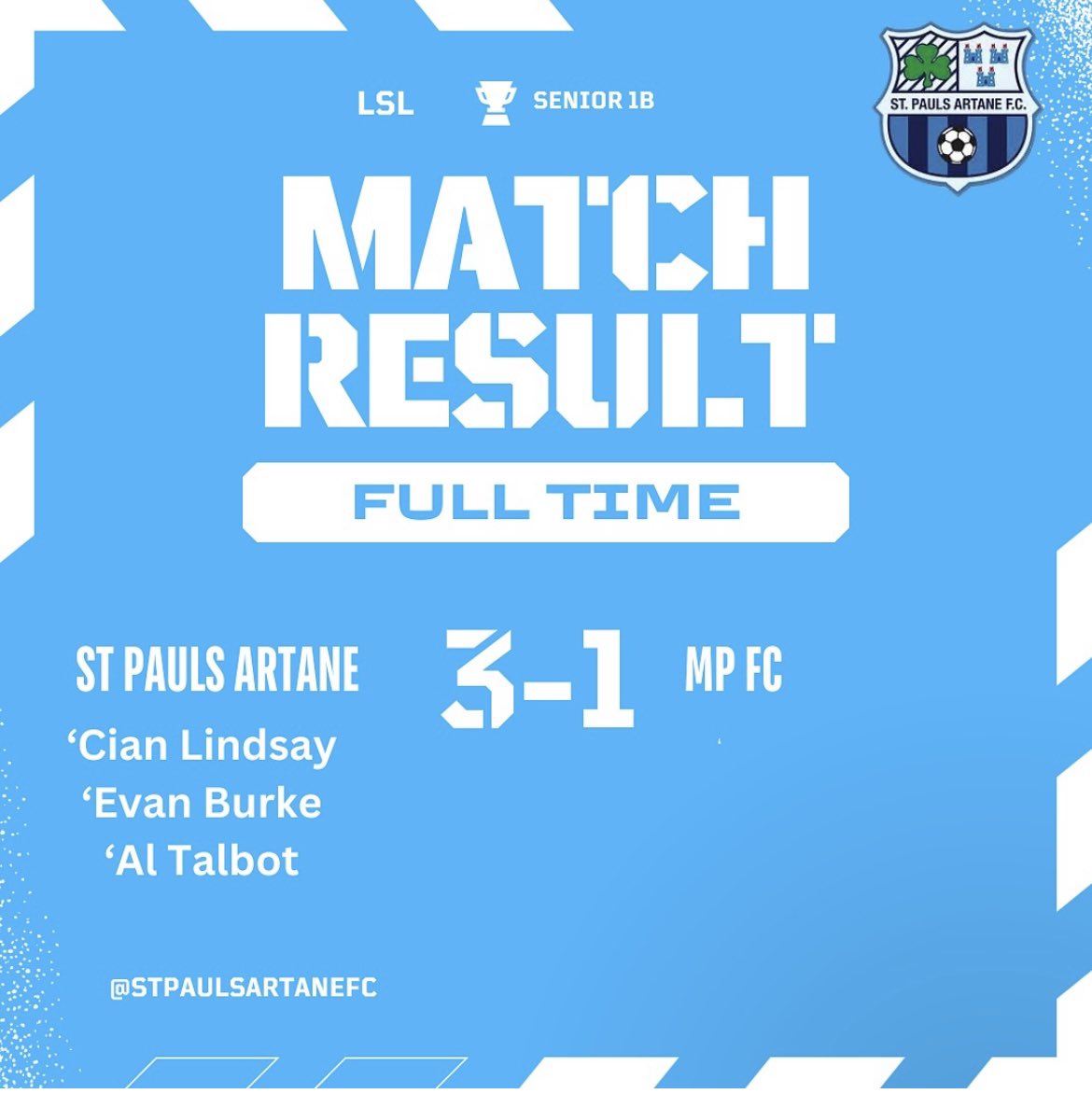 FT| We take the three points on the night in terrible conditions 

Goals 
<a href="/CianLinds/">Cian Lindsay</a> 
<a href="/EvanBur08174041/">Evan Burke</a> 
<a href="/TalbotAlan/">Alan Talbot</a> 
💙💙💙
Best of luck to <a href="/MPFC20/">Montpelier FC</a> for the rest of the season
<a href="/LSLLeague/">Leinster Senior League</a> 
<a href="/AlQuinn2015/">LSL Live Update’s</a> 
<a href="/hitthechannels/">Football lover</a> 
<a href="/FinalWhistleIE/">FinalWhistle.ie</a>