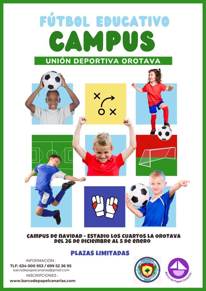 Llega nuestro… Campus de fútbol educativo ⚽️ con la Unión Deportiva Orotava. 
Para los más deportistas, para los futboleros, para los que quieren pasarlo bien sobre el césped que nos ofrece el Estadio Municipal Los Cuartos.