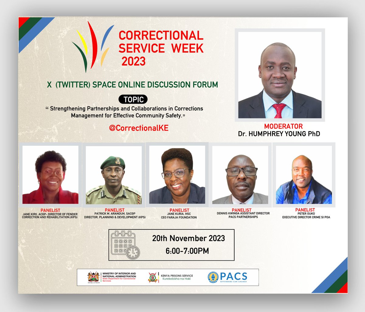 <a href="/ProbationKE/">Probation and Aftercare Service</a> we value the input of our stakeholders and partners in changing the lives of offenders being supervised in the community. Join this conversation on Monday  20th November 2023 for more...