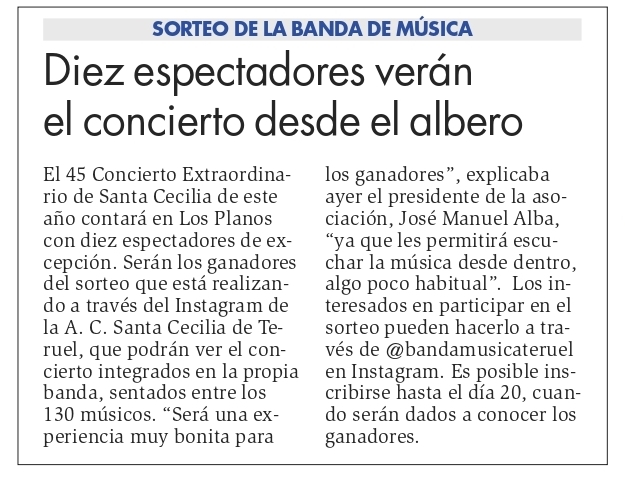 BandaMscaTeruel's tweet photo. @diariodeteruel  nos dedica una reseña de Santa Cecilia y todos los actos programados por nuestra Asociación Cultural Banda de Música "Santa Cecilia" de Teruel y la Escuela Pública de Música "Antón García Abril Ciudad de Teruel". https://t.co/yr4yUEeZwV