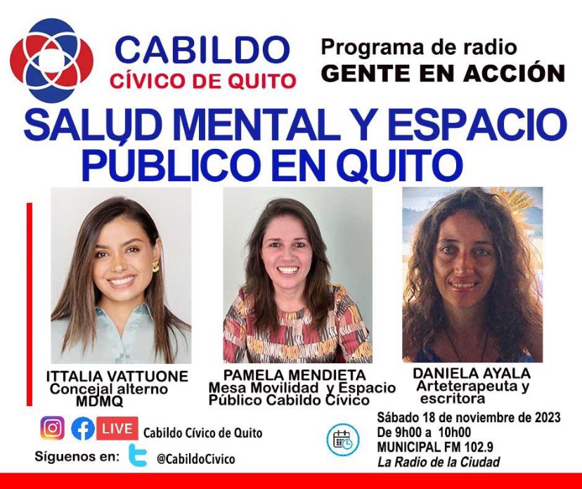 Esta mañana, NO se pierda el Programa radial No. 162 del Cabildo Cívico de Quito👇

UN TEMAZO: Salud mental y espacio público en #Quito

🗓 Sábado,  18 de nov. de 2023

⏰ De 9am a 10am

📌 Radio Municipal 102.9 FM  y a través de nuestro Facebook  Live facebook.com