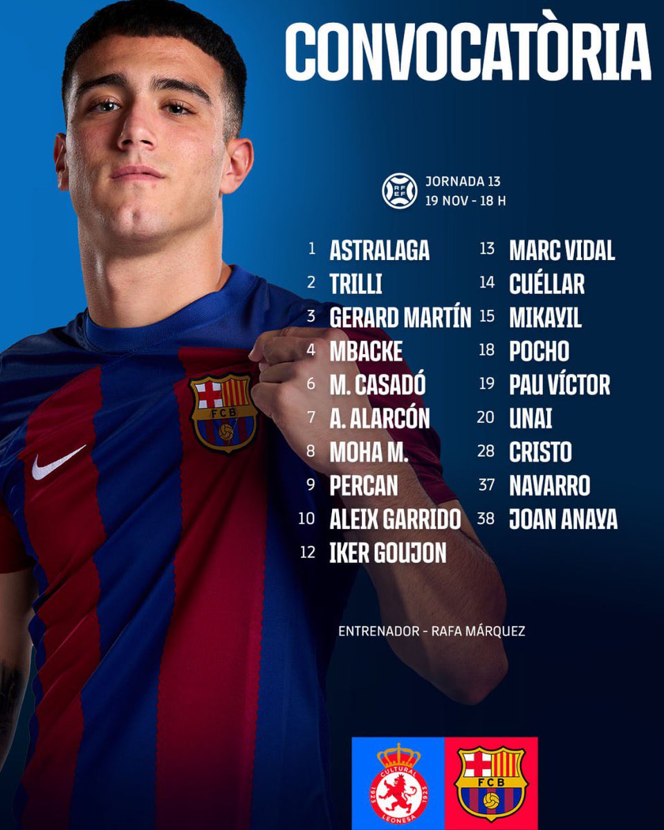 📋 𝐂𝐎𝐍𝐕𝐎𝐂𝐀𝐓𝐎̀𝐑𝐈𝐀

💪🏼 Cultural Leonesa 🆚 𝐁𝐚𝐫𝐜̧𝐚 𝐀𝐭𝐥𝐞̀𝐭𝐢𝐜

#ForçaBarça 💙❤️