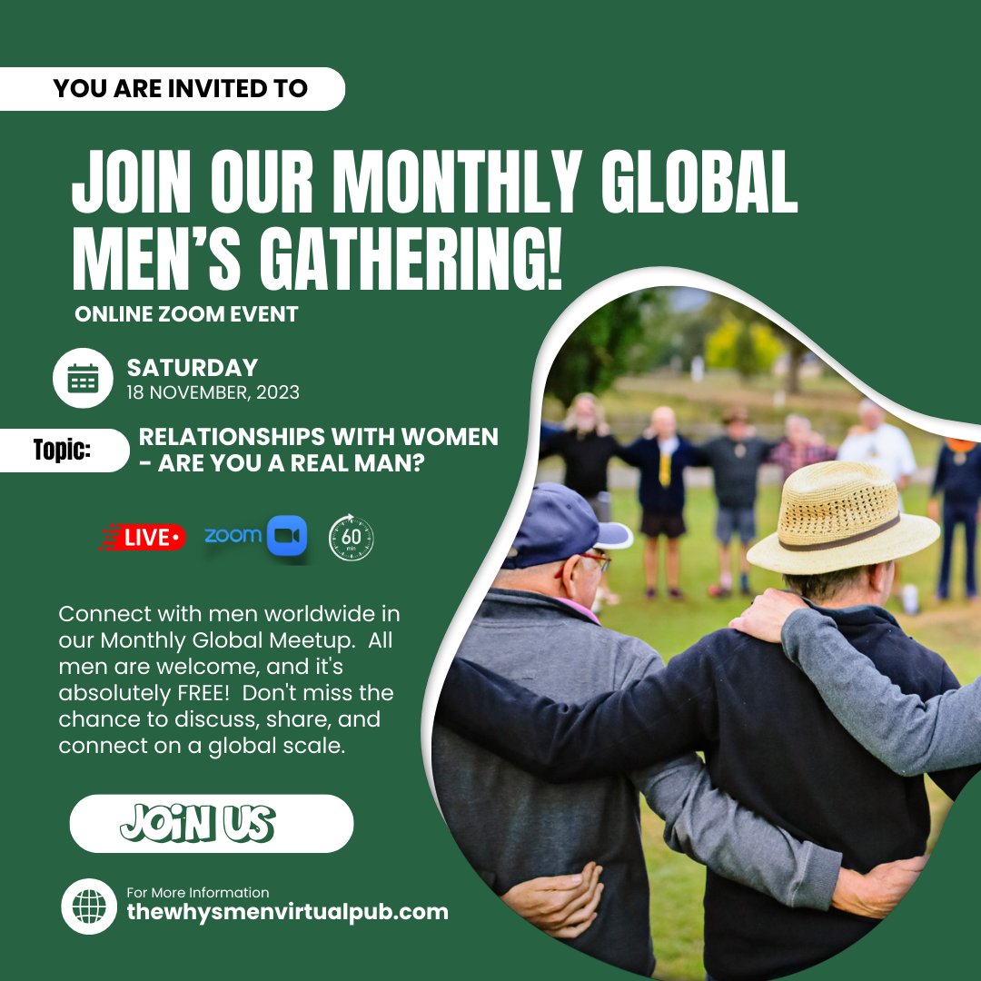 WhysmenPub's tweet image. Join us for the SATURDAY PUB WORLD GATHERING! 🌍 Connect with men worldwide in our Monthly Global Meetup. 🤝 All men are welcome, and it's absolutely FREE! 🚀

🔗 Zoom Meeting Link: us02web.zoom.us/j/85201140739

#monthlyglobalgathering #GLOBALMEETUP #communityconnection #whysmen