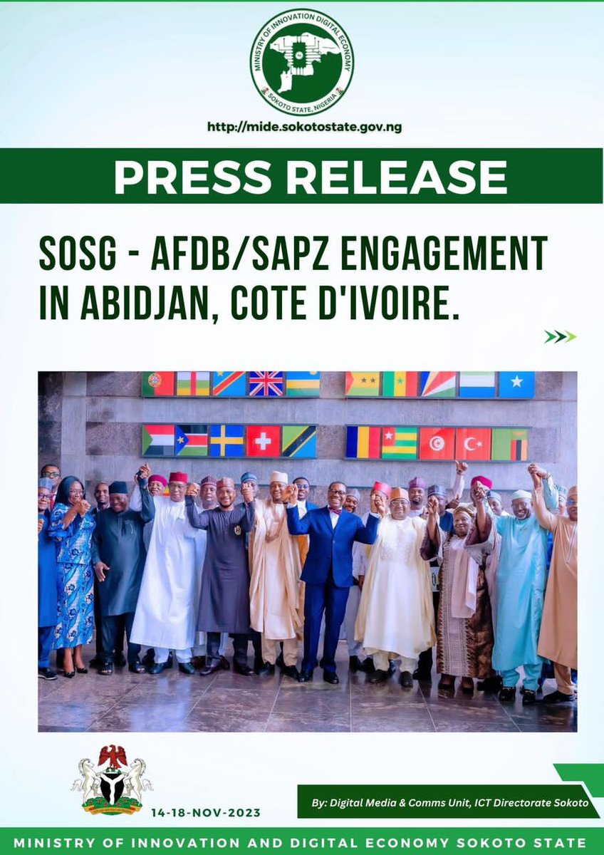 SokotoDigital's tweet photo. The Sokoto delegation, led by the Dep. Governor @EngineerGobir, the Hon. Com. @SokotoDigital @Hon_Bashar_K and some Governors @daudalawal_ @dikko_radda @NasiridrisKG @u_danmodi in strategic engagements with the President @AfDB_Group @akin_adesina on AFDB/SAPZ programs to Nigeria. https://t.co/tb8HwvKJGq