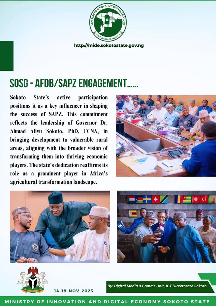 SokotoDigital's tweet photo. The Sokoto delegation, led by the Dep. Governor @EngineerGobir, the Hon. Com. @SokotoDigital @Hon_Bashar_K and some Governors @daudalawal_ @dikko_radda @NasiridrisKG @u_danmodi in strategic engagements with the President @AfDB_Group @akin_adesina on AFDB/SAPZ programs to Nigeria. https://t.co/tb8HwvKJGq