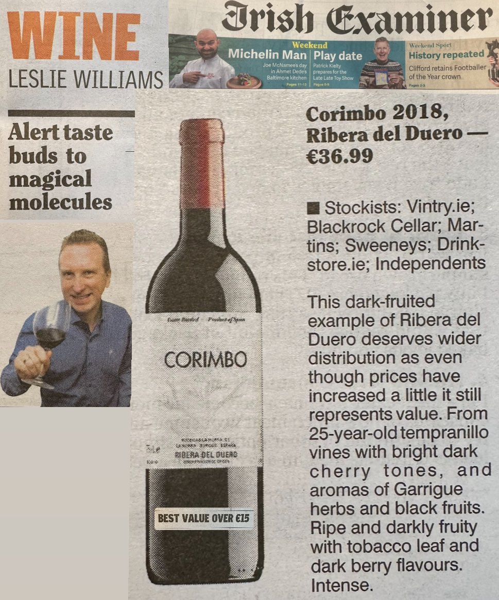 🍷@LesliesWineFood nailed it with a spot-on Spanish wine recommendation in today's @irishexaminer 🙌 Always a pleasure to explore the delightful flavors of Corimbo from @BodegasLaHorra 🌟