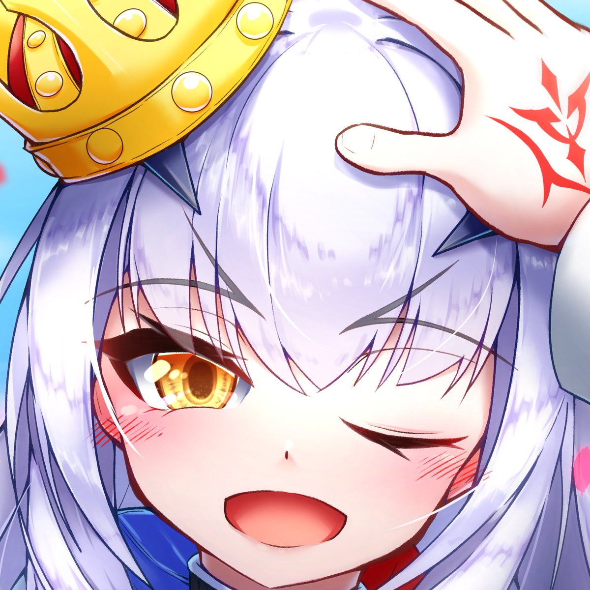 fairy knight lancelot (fate) ,melusine (fate) forked eyebrows one eye closed command spell 1girl smile white hair crown  illustration images