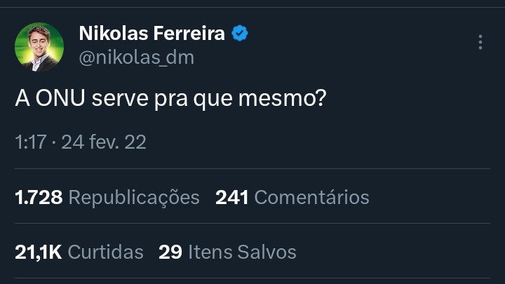 Nikolas Ferreira disse que discursou na ONU. Fake. Ele estava num evento promovido por organizações de extrema direita num dos espaços na ONU. Aliás, como um bom hipócrita, ora ele usa a ONU, ora detona a ONU, depende da circunstância, né?