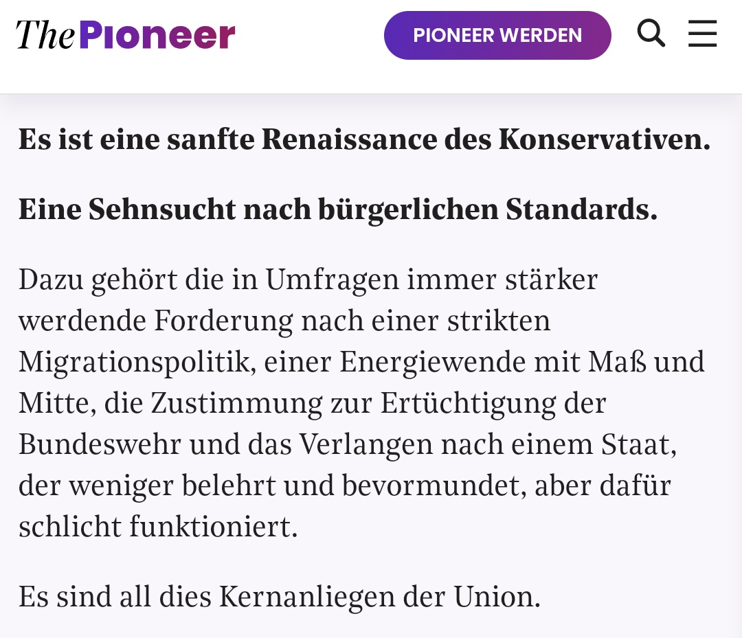 Peter R. Neumann (@peterrneumann) on Twitter photo Meine Meinung: Wenn „Konservativmus" als Handlungsfähigkeit, Maßhalten, Pragmatismus und Kompetenz definiert wird, bin ich dabei. Aber wenn es um Kulturkampf, „früher war alles besser" und „Uhr zurückdrehen" geht, eher nicht. Via <a href="/MichaelBroecker/">Michael Bröcker 💎</a> 👇 Meine Meinung: Wenn „Konservativmus" als Handlungsfähigkeit, Maßhalten, Pragmatismus und Kompetenz definiert wird, bin ich dabei. Aber wenn es um Kulturkampf, „früher war alles besser" und „Uhr zurückdrehen" geht, eher nicht. Via <a href="/MichaelBroecker/">Michael Bröcker 💎</a> 👇
