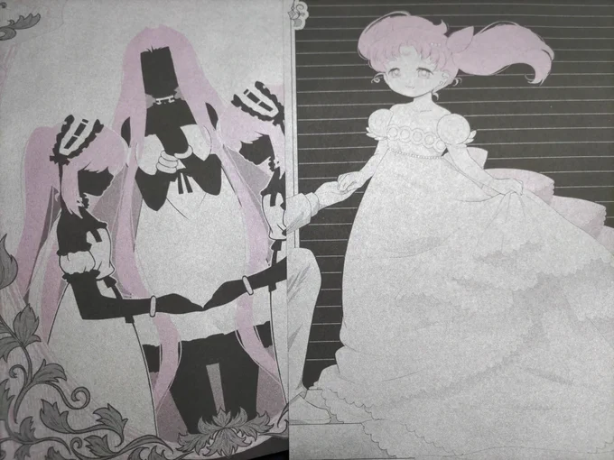 #同人便箋博 新作の紹介をしていくよ～ 黒紙に銀+メタル薄紫です。これは三姉妹の方がとてもうまく行った気がする。とても上品なピンクです。