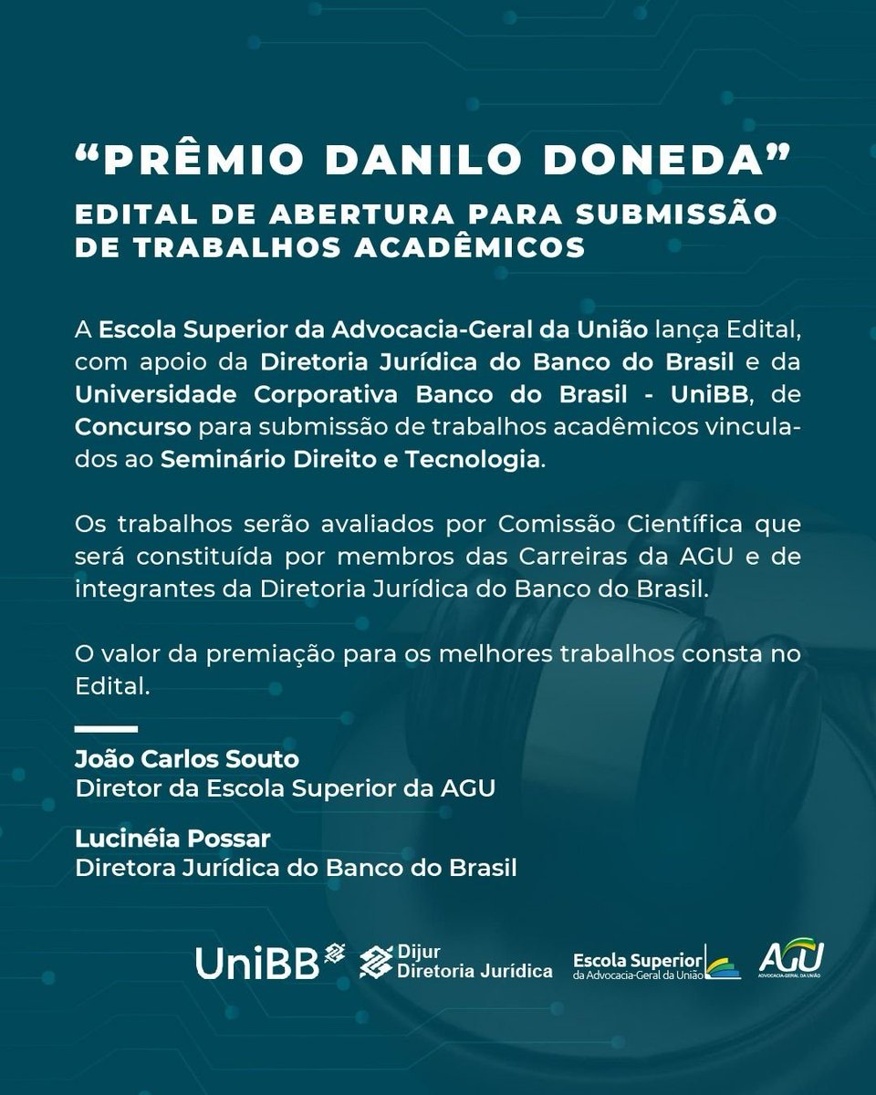 soutojc's tweet photo. A Escola Superior da AGU, que tenho a imensa honra de dirigir, o Banco do Brasil e a Universidade Corporativa Banco do Brasil (UniBB), comunicam a realização do evento "Direito e Tecnologia", que ocorrerá no Centro Cultural Banco do Brasil, com palestra de abertura do ministro @LRobertoBarroso 

O Seminário, um dos maiores do gênero no Brasil no ano de 2023, será palco do lançamento do Prêmio Danilo Doneda (@ddoneda ) singela e justa homenagem da Escola Superior da AGU (igualmente com apoio do Banco do Brasil) àquele que é um dos pioneiros em "Direito e Tecnologia".

Seminário Direito e Tecnologia, Brasília, 21 e 22 de novembro de 2023, Centro Cultural Banco do Brasil.