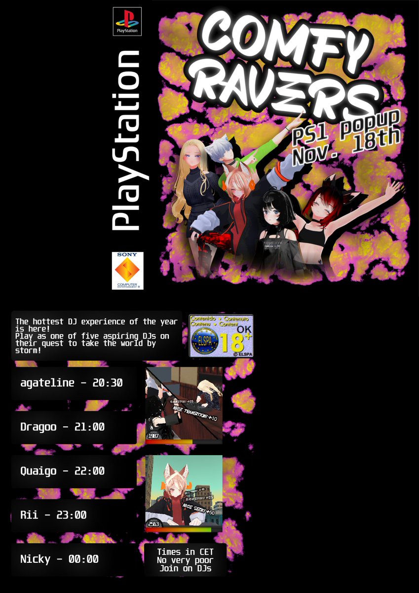Tonight!
Comfy Ravers PS1 Popup featuring: 
<a href="/agateline_/">agateline</a>  // agateline 
<a href="/DragooVR/">Dragoo</a>  // -Dragoo- 
<a href="/Quaigo_77/">Quaigo</a>  // Quaigo 
<a href="/Riisager_/">Riisager</a> // Riisager 
@Nicky_Hr0   // NickyHr 

Doors open 20:00 (CET)
 Group+ instance, join on DJs!