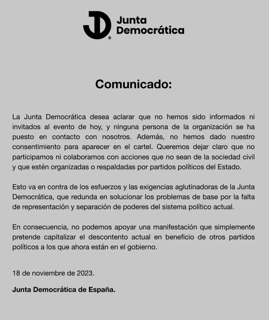 JDemocraticaES's tweet photo. ⚠️ COMUNICADO ESPECIAL 18N

La Junta Democrática desea aclarar que no hemos sido informados ni invitados al evento de hoy, y ninguna persona de la organización se ha puesto en contacto con nosotros. Además, no hemos dado nuestro consentimiento para aparecer en el cartel. https://t.co/SrNCluyXvX