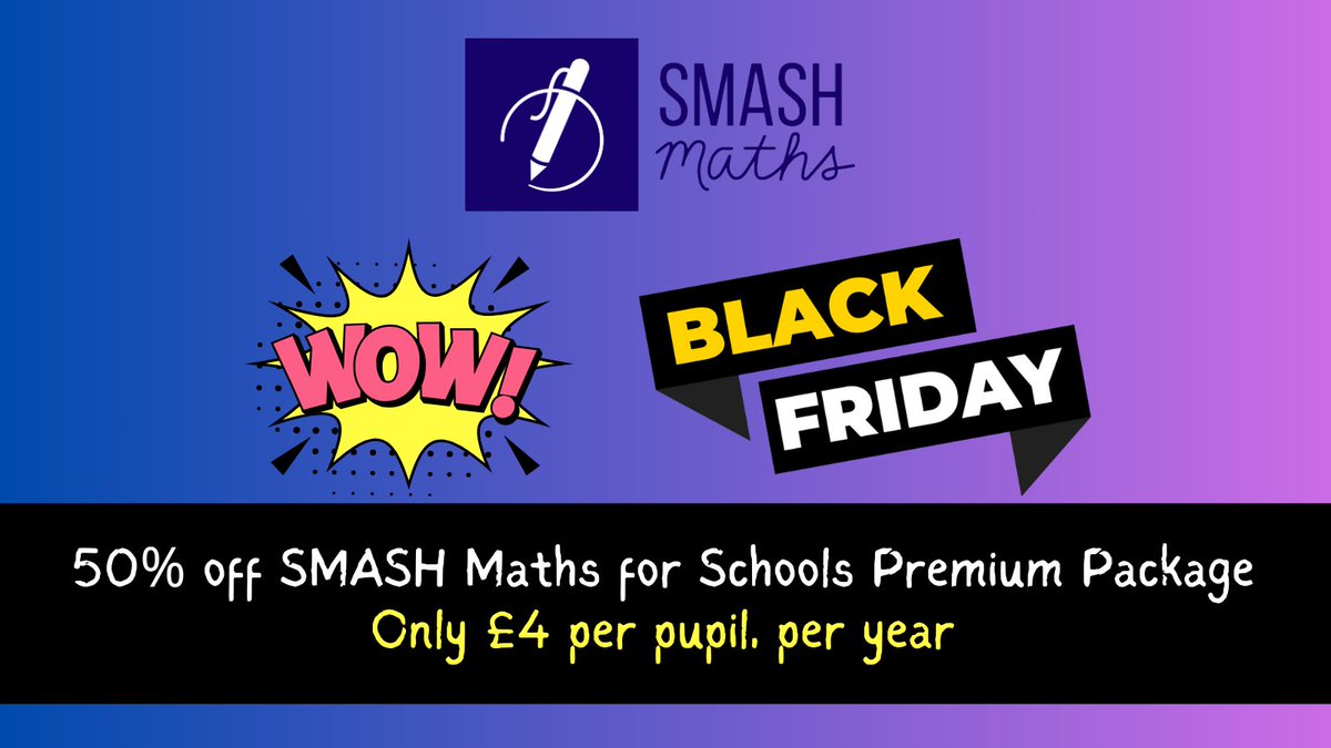 SMASHMaths's tweet image. We have a special *Black Friday* offer for schools! Get 50% off the SMASH Maths for Schools Premium package, now costing only £4 per pupil per year. Sign up at smashmaths.org/smash-maths-fo…

Key features of premium package

✅ Revisit and consolidate the whole UK maths curriculum every…