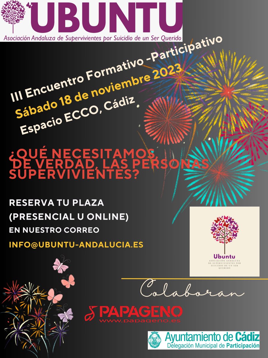 EsPapageno's tweet photo. III Encuentro Formativo -Participativo 
Sábado 18 de noviembre 2023 
En @EccoCadiz  
(presencial u online) 
Info@ubuntu-andalucia.es 🎗️ 
Un abrazo muy especial a todas las personas supervivientes 🫂🍀💛
https://t.co/fn8qrGkZDZ https://t.co/ZwLO10sTf8