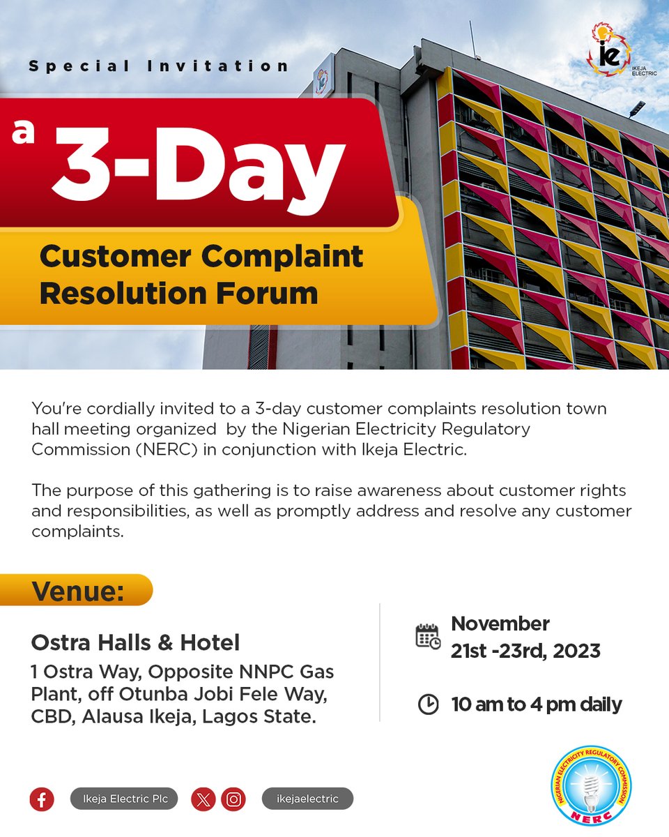 IkejaElectric's tweet photo. Location: Ostra Halls &amp; Hotel, 1 Ostra Way, Opposite NNPC Gas Plant Off Otunba Jobi fele Way, CBD Alaus Ikeja.

Date: November 21st to 23rd, 2023

Time: 10 am to 4 pm daily

#CustomerFirstTechnologyNow
#IECares                                                      2/2 https://t.co/MTpEWIjywz