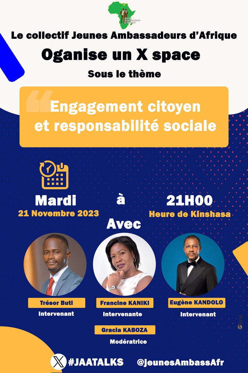 A l'école de la citoyenneté et de l'engagement social : “on ne naît pas citoyen,on le devient ” 
 Comment ?
 La citoyenneté s'apprend ? 
Ensemble nous allons pouvoir y réfléchir, ce  Mardi 21 novembre à partir de 21h00

<a href="/Tresor_Buti/">Trésor BUTI MALEMA</a>
<a href="/Eugene_kandolo/">Eugène KANDOLO</a>
<a href="/ItuomeKaniki/">Kaniki ituome Monkaju francine</a>

 #JAATALK